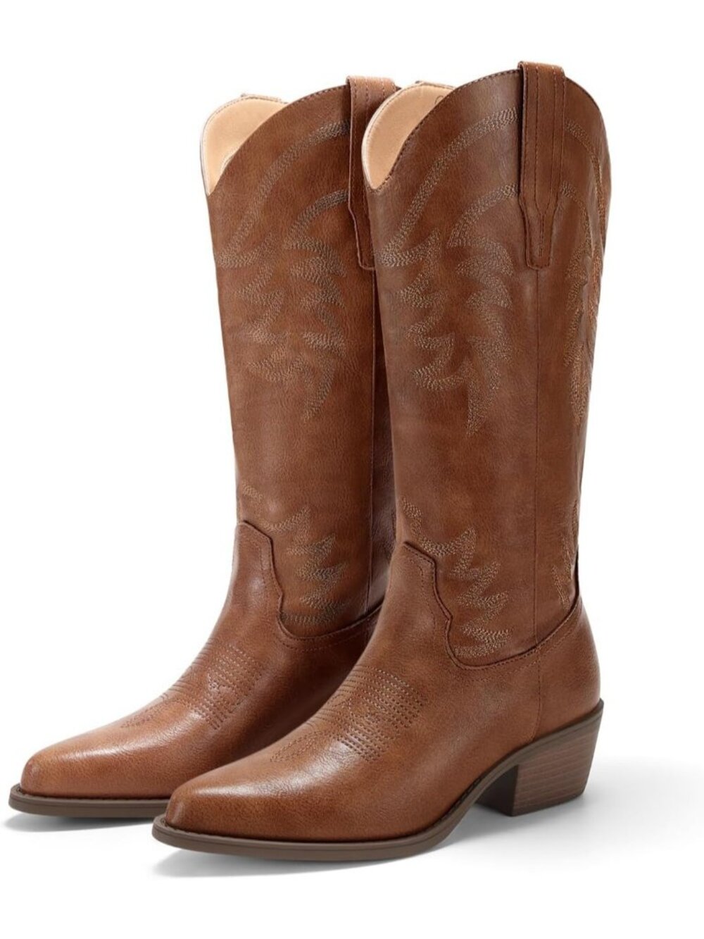 Women's Brown Mid Calf Chunky Heel Embroidered Pointed Toe Western Cowgirl Boots